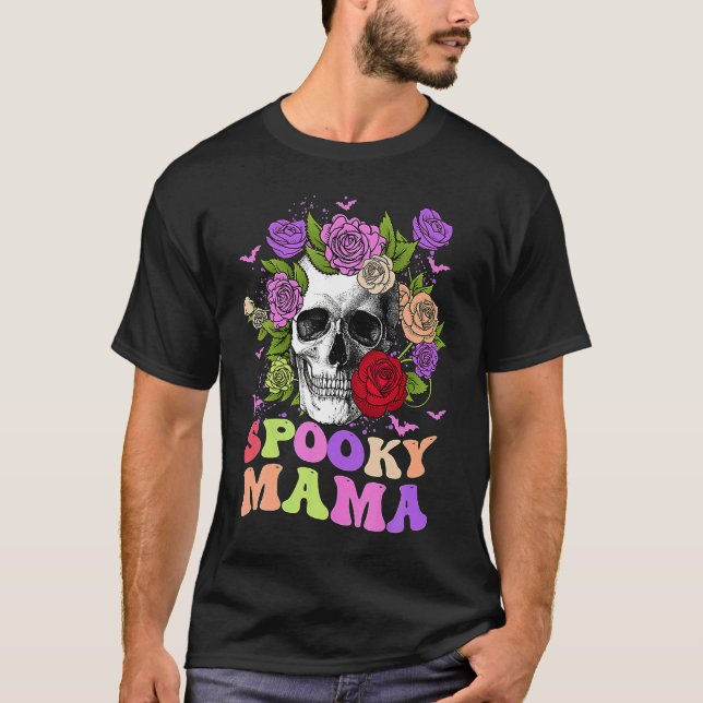 T-shirt Retro Spooky Mama Skull Women Flower Mom Skeleton  (Devant)
