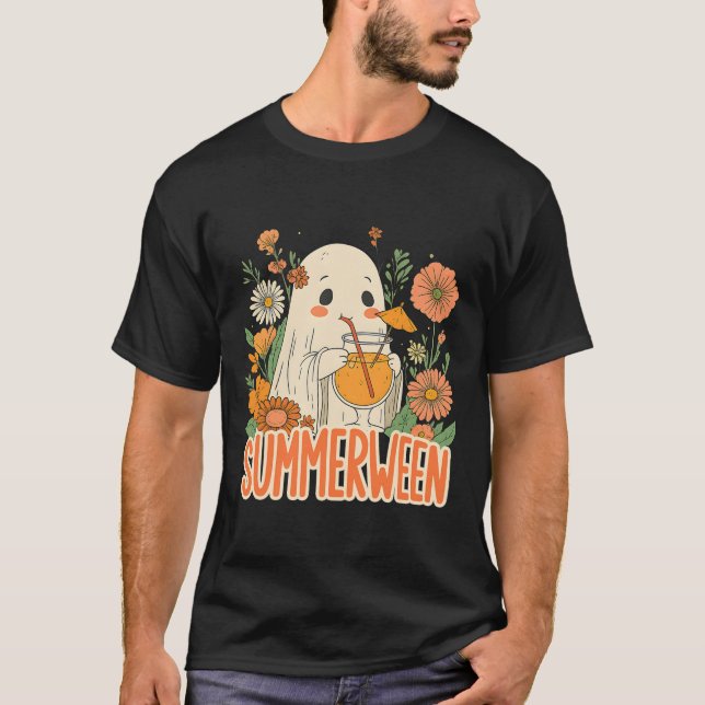 T-shirt Rétro Summerween Ghost Boho Floral Summer Hallowee (Devant)