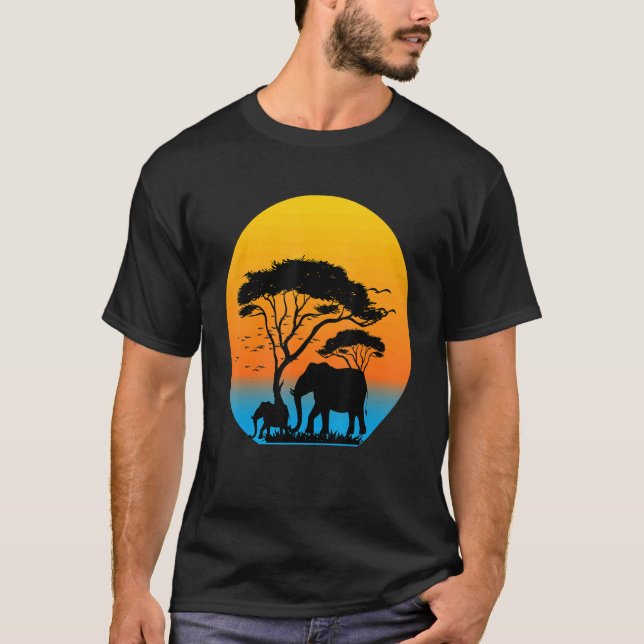 T-shirt Retro Sunset Elephant Famille Animaux Sauvages Est (Devant)