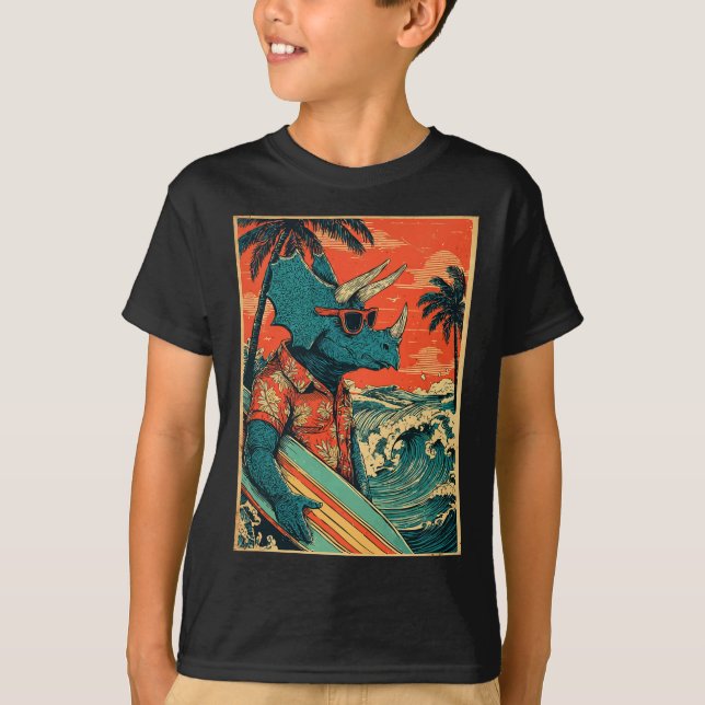 T-shirt Retro Surfing Dinosaur Hawaii Summer Triceratops S (Devant)