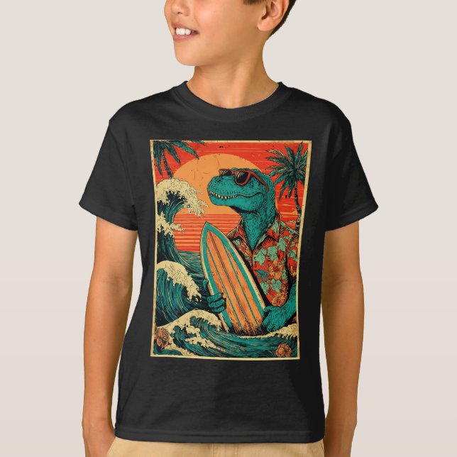 T-shirt Retro Surfing Tyrannosaurus Hawaiian Summer Dinosa (Devant)
