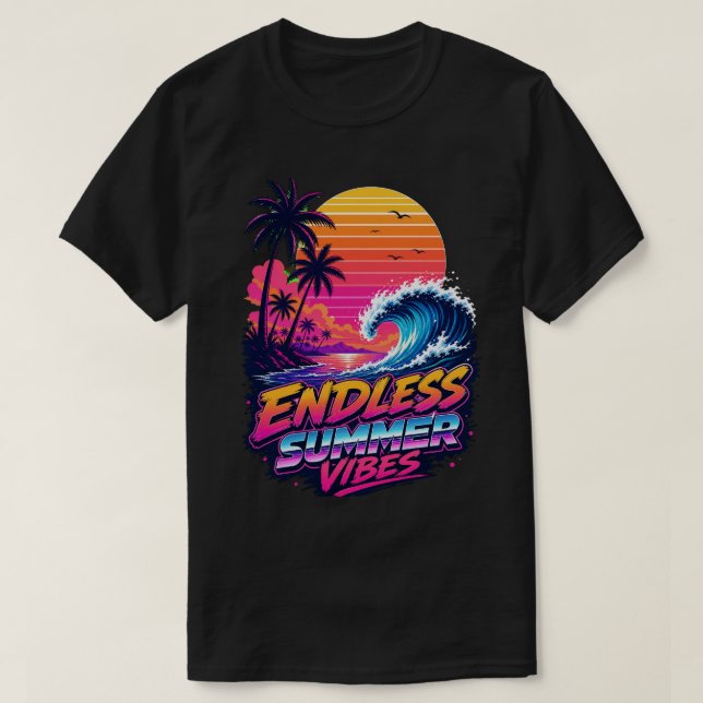 T-shirt rétro synthwave 80s coucher de soleil surf (Design devant)