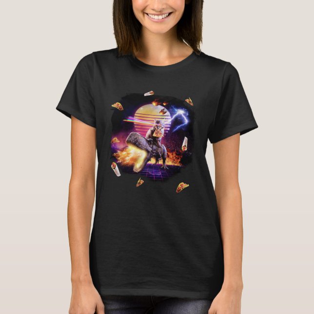 T-shirt Retro Synthwave Laser Pizza Cat équitation Dinosau (Devant)