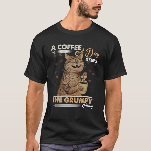 T-shirt Rétro Un Café Par Jour Garde Le Grumpy Loin, Chat  (Devant)