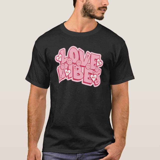 T-shirt Retro Valentine's Day Love Vibes Happy Face Rose H (Devant)