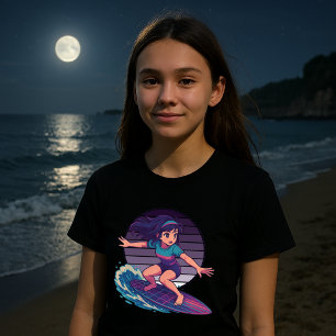 T-shirt Rétro Vaporwave Lune Surfer Anime Girl