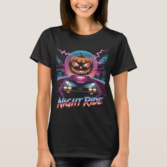 T-Shirt Retrowave Halloween Citrouille Night Ride  (Devant)