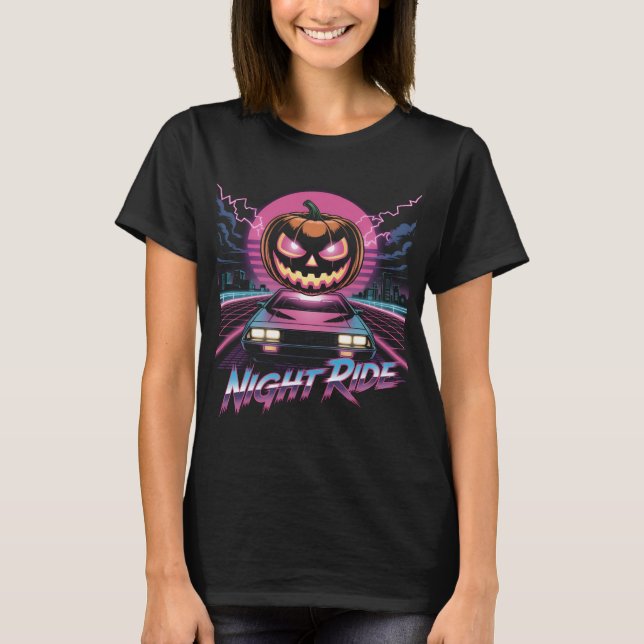 T-Shirt Retrowave Halloween Citrouille Night Ride  (Devant)