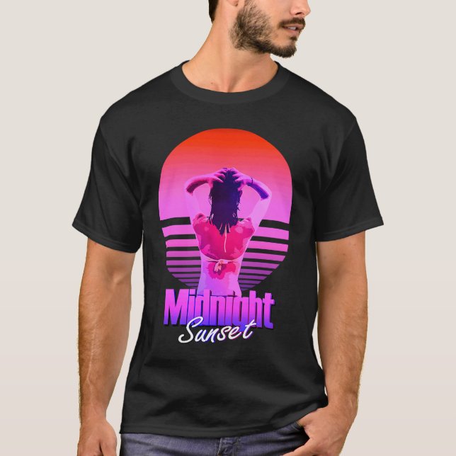 T-shirt Retrowave Midnight Sunset Girl In The Sea (Devant)
