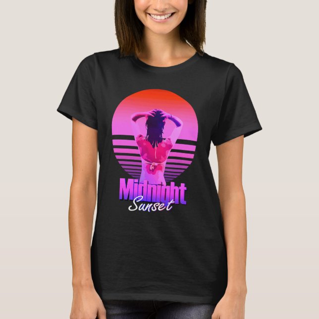 T-shirt Retrowave Midnight Sunset Girl In The Sea (Devant)