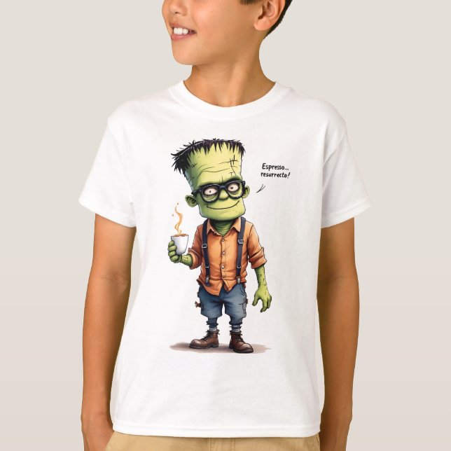 T-shirt Réveil expresso, Frankenstein avec une tasse de ca (Devant)