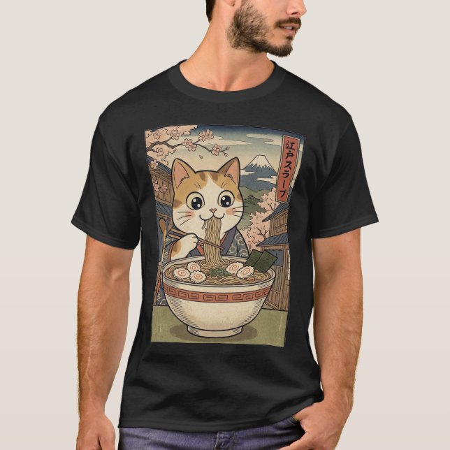 T-shirt Rêves de Ramen Neko – Chat de style gravure sur bo (Devant)