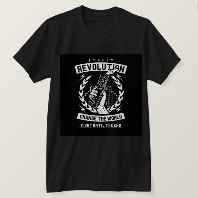 T-shirt Révolution Rue (A black t-shirt with a white graphic design on the front. )