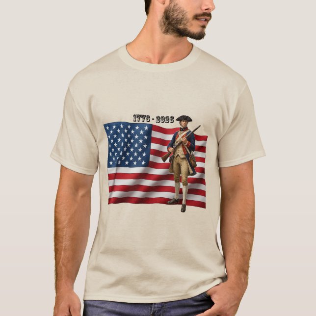 T-shirt Revolutionary War Soldier & American Flag 250 URM (Devant)
