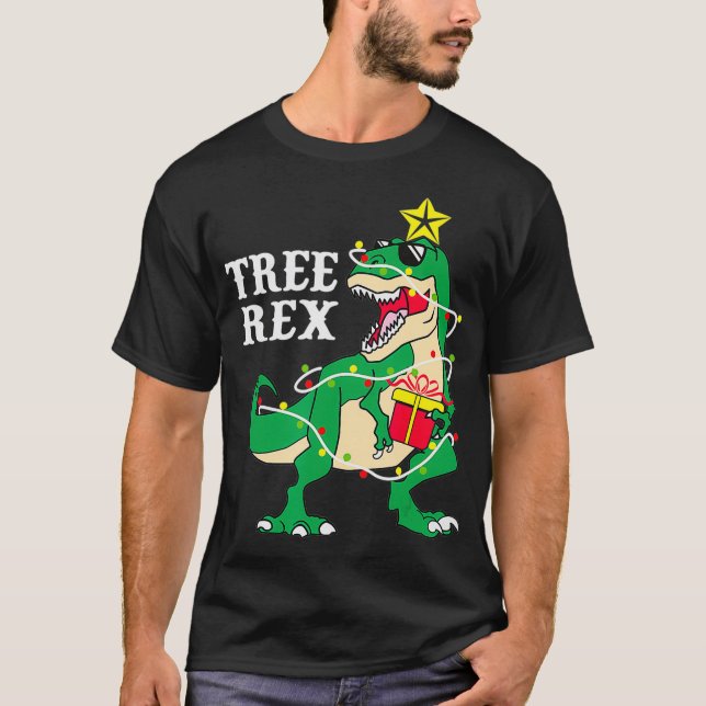 T-shirt Rex d'arbre drôle avec lumières de Noël Dinosaur C (Devant)