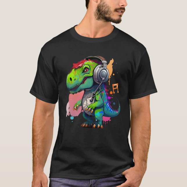 T-shirt rex with headphones music cute dinosaur for kids (Devant)
