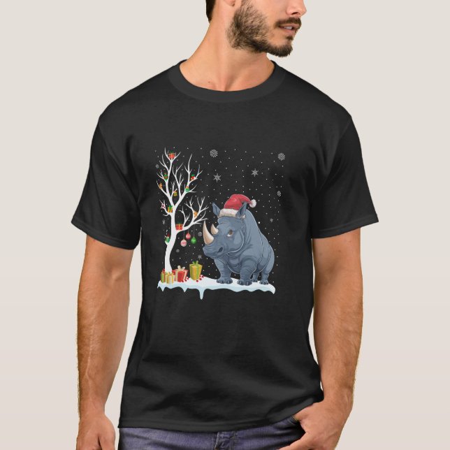 T-shirt Rhino Santa Hat Festif Arbre Lumière Pajam de Noël (Devant)