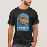 T-shirt Rhodes Grèce Illustration Voyage Art Vintage<br><div class="desc">Rhodes conception de déplacement vectoriel rétro. Rhodes, la plus grande des îles du Dodécanèse de Grèce, est connue pour ses stations balnéaires et ses ruines antiques.</div>