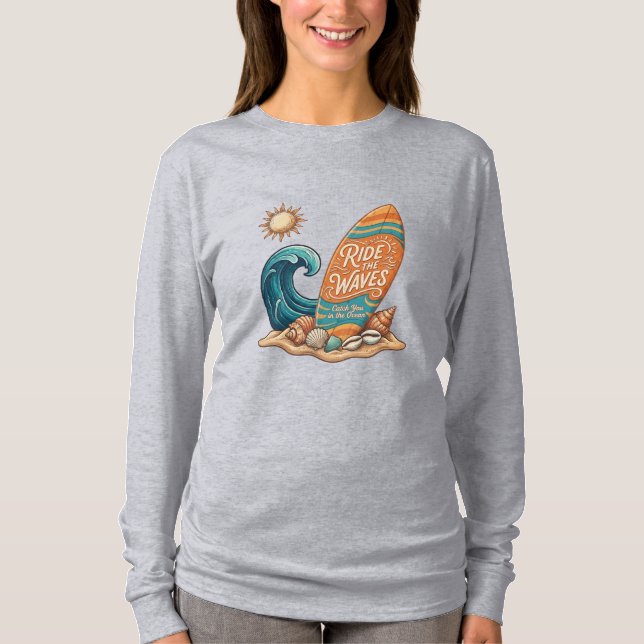 T-shirt Ride the Waves Surfboard Illustration - Long Sleev (Devant)