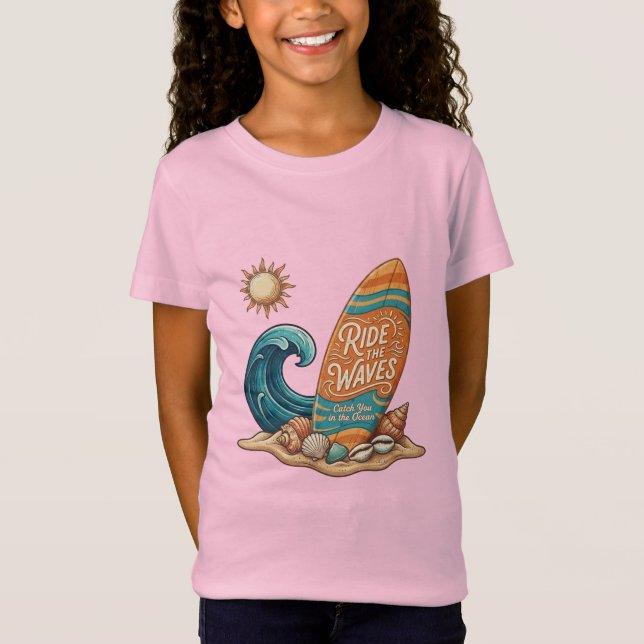 T-Shirt Ride the Waves Surfboard Illustration - Tropical S (Devant)