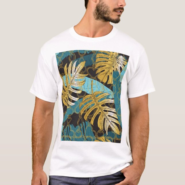 T-shirt Rideau de chaîne d'or, feuilles tropicaux. (Devant)