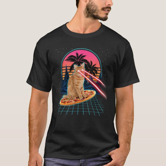 T-shirt Riding Chat Pizza Laser Eyes 80s Chat Dans L'Espac (Devant)