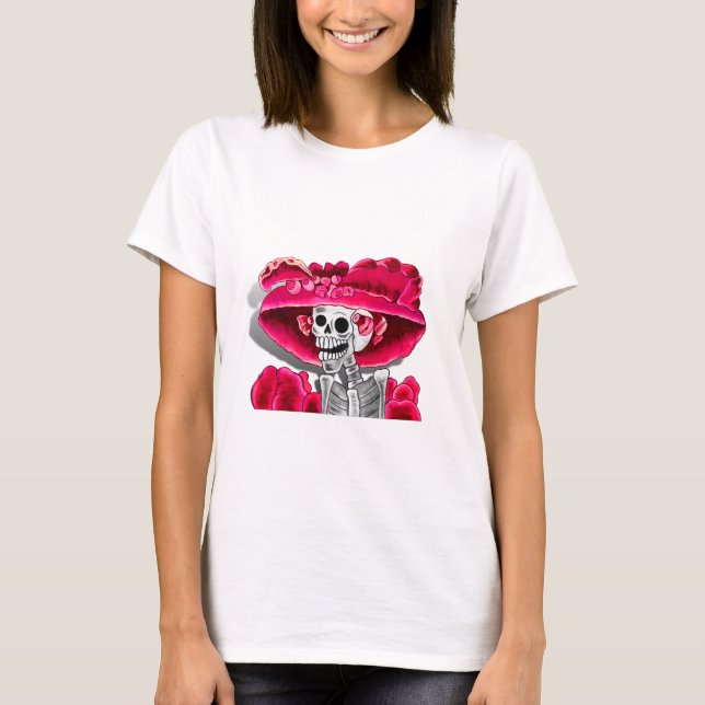 T-shirt Rire Skeleton Woman dans Red Bonnet (Devant)