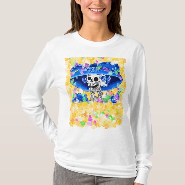 T-shirt Rire Skeleton Woman dans Yellow Bonnet (Devant)