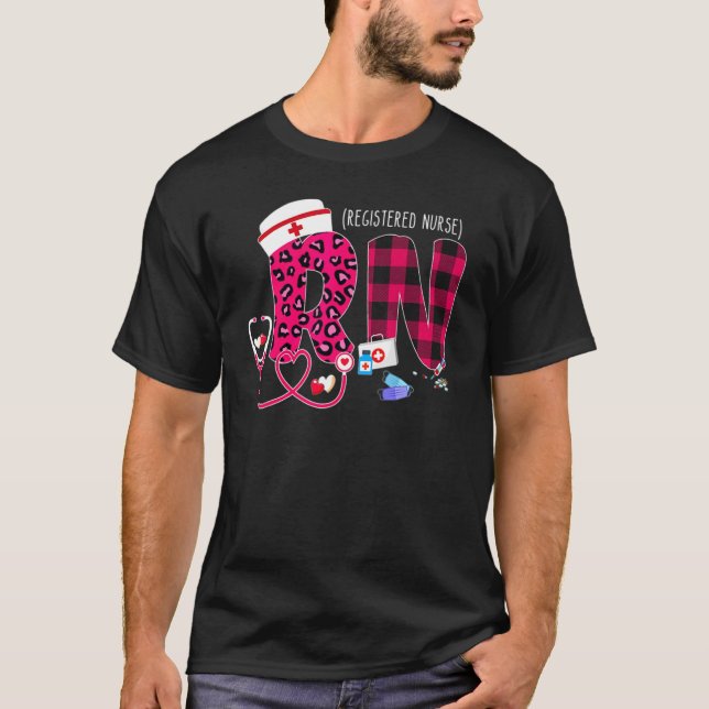 T-shirt Rn Leopard Plaid Nurse Pink Stethoscope Infirmière (Devant)