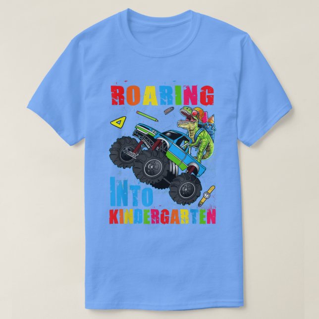 T-shirt Roaring Into Kindergarten Dinosaur Truck Back To S (Design devant)
