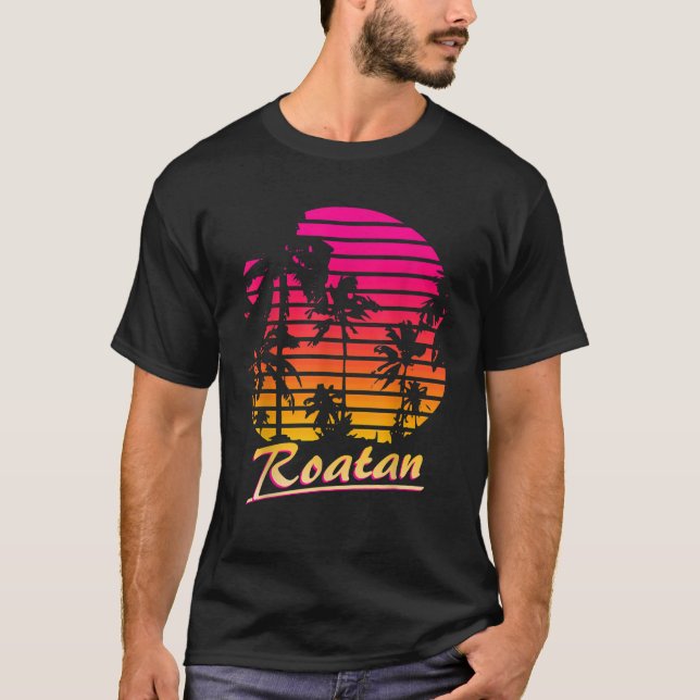 T-shirt Roatan Cool des années 80 Palm Trees coucher de so (Devant)