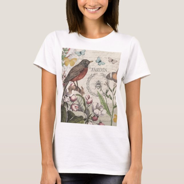 T-shirt Robin Elegant Bird Butterfly French Art (Devant)