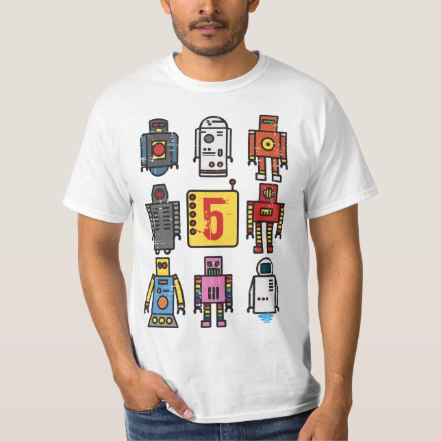 T-shirt Robot 5th Birthday - Retro Robotics with number fi (Devant)