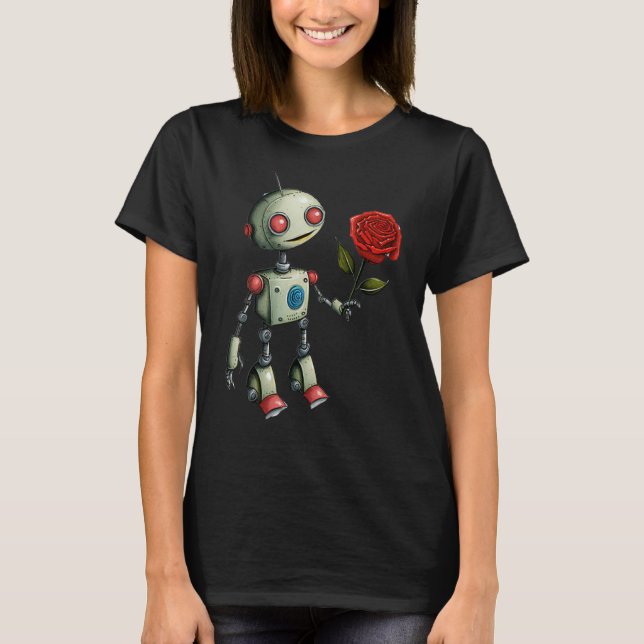 T-shirt Robot adorable distribuer une fleur Rose (Devant)