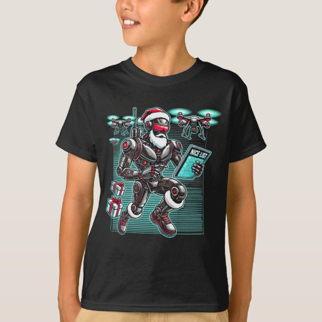 T-shirt Robot de Noël alimenté par l'IA avec des drones et (Devant)