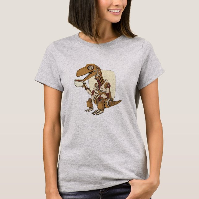 T-shirt Robot Dinosaur Drinking Coffee (Devant)