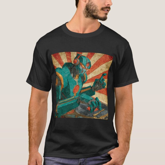 T-shirt Robot DJ sur vinyle – Affiche rétro soleil levant (Devant)