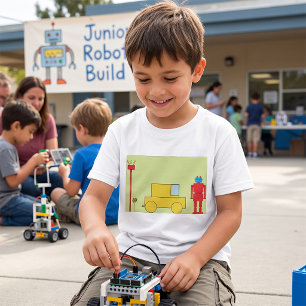 T-shirt Robot Géométrique Rétro et Voiture Jaune