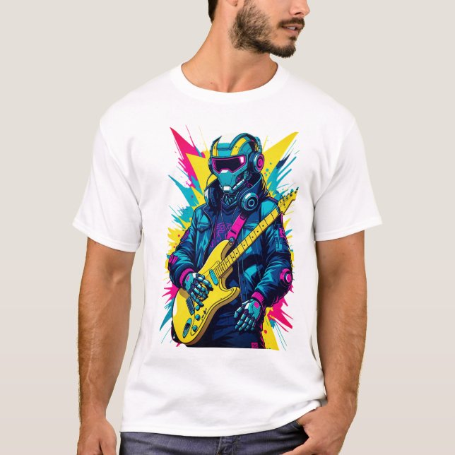 T-Shirt Robot Guitariste Cyberpunk Synthwave Art (Devant)