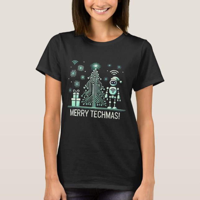 T-shirt Robot IA avec arbre de Noël Tech - Joyeux Techmas (Devant)