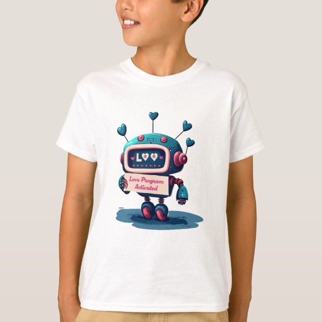 T-shirt Robot mignon Joyeux Valentines Aimer Texte Tee, Am (Devant)