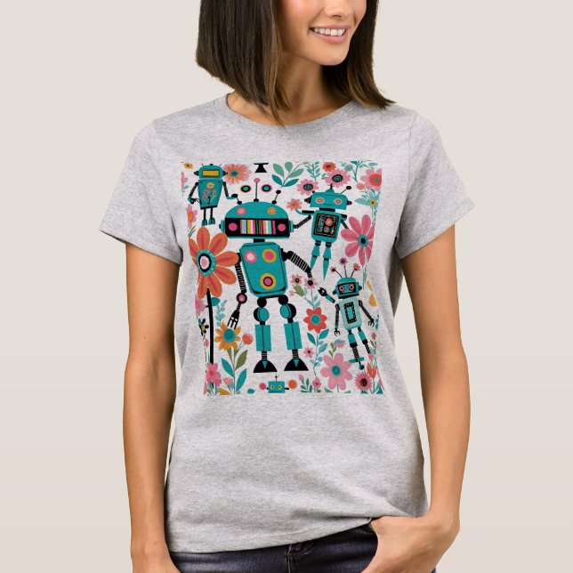 T-shirt Robots Et Fleurs Rétro Mignons (Devant)