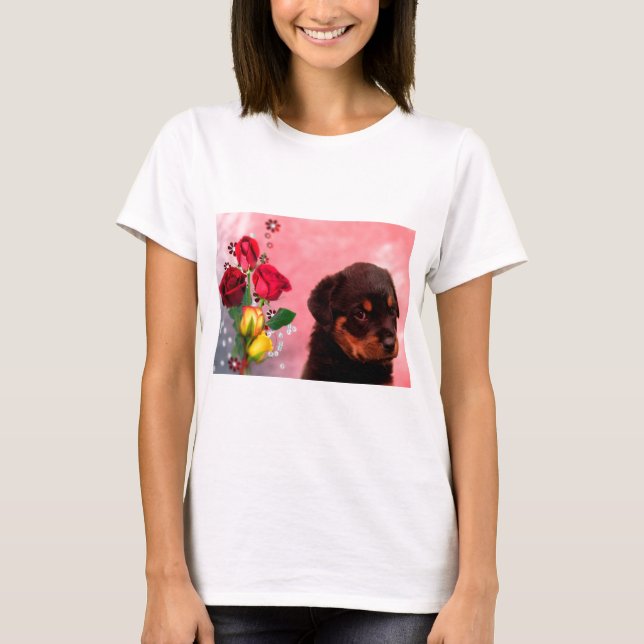 T-shirt Robuste Chiot avec Fleurs Rouge et Jaune (Devant)