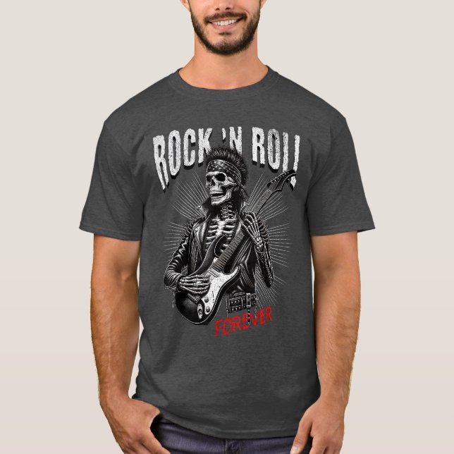 T-shirt Rock and Roll Forever Skeleton Playing Guitar Punk (Devant)