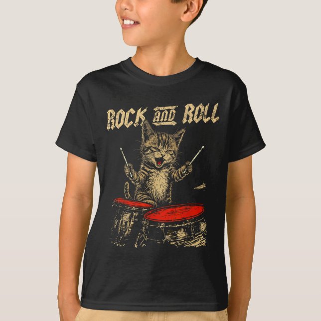 T-shirt Rock And Roll Funny Cat Playing Drum For Men Women (Devant)