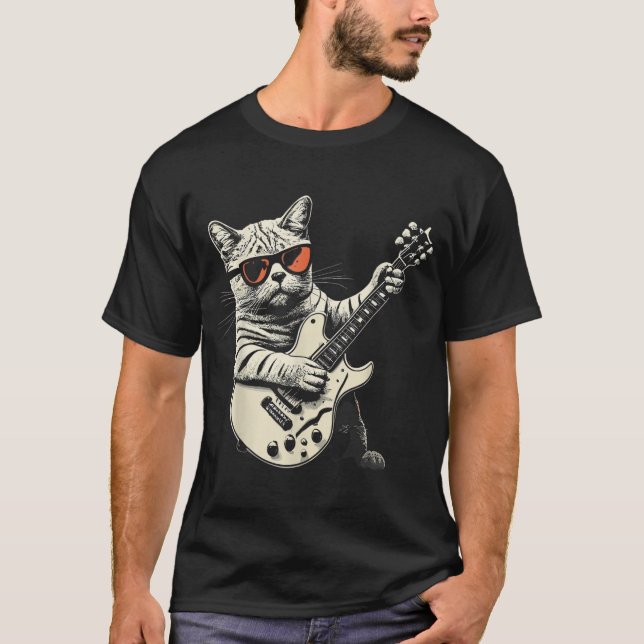 T-shirt Rock Chat Jouer Guitare - Drôle Chat Guitariste (Devant)