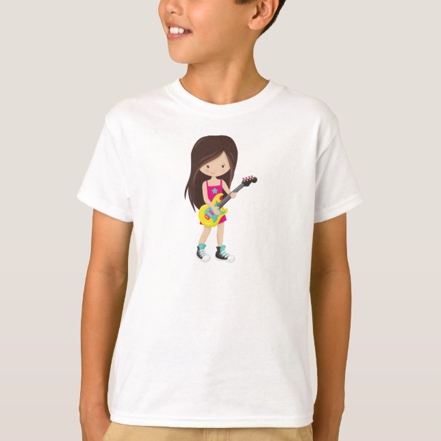 T-shirt Rock Girl, Cheveux Brown, Joueur de guitare, Musiq (Devant)