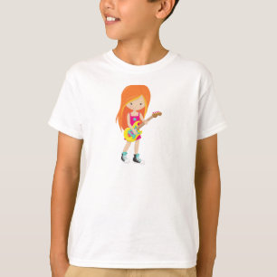 T-shirt Rock Girl, Cheveux orange, Joueur de guitare, Musi