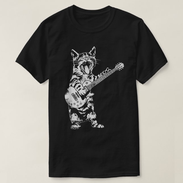 T-shirt Rock Guitar Cat Funny Music Design (Design devant)