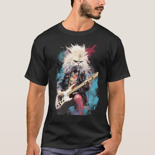 T-shirt Rock Guitar Persian Cat Guitarist (Devant)